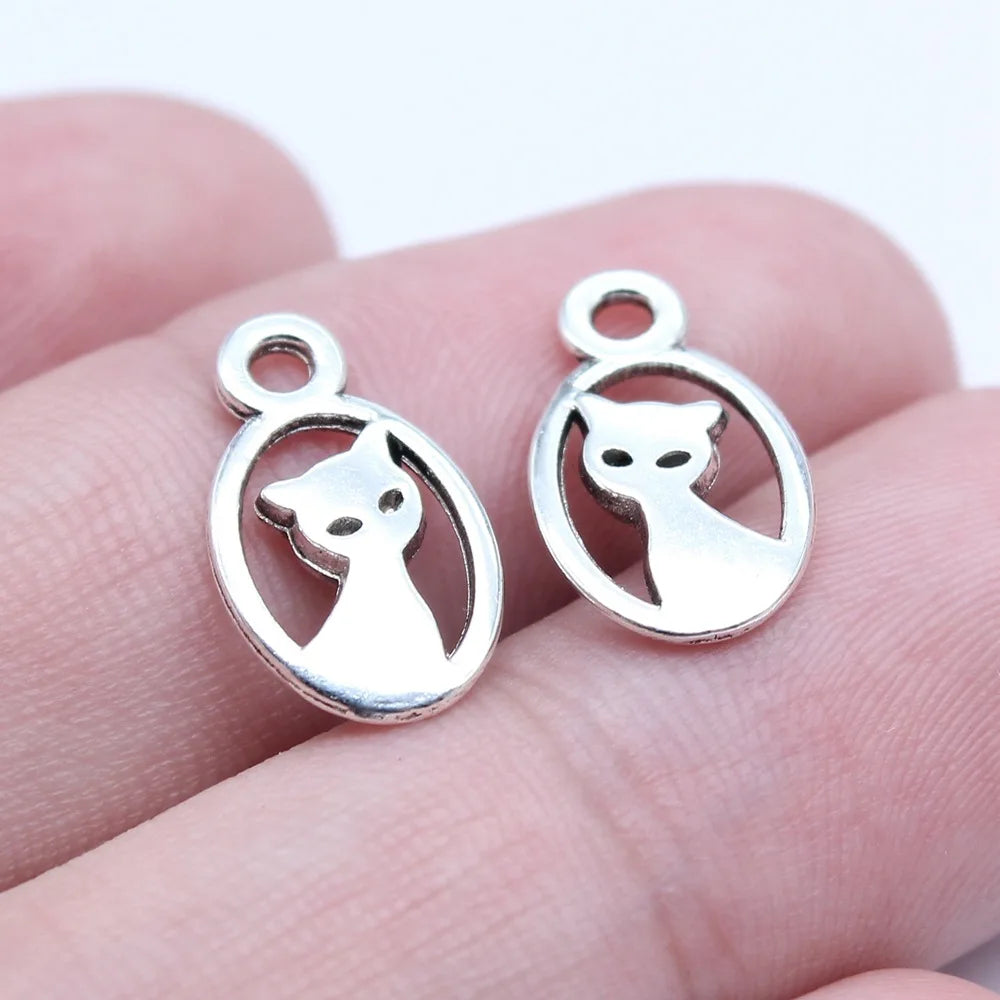 9x16mm 0.7g Antique Silver Tone Zinc Alloy Double Sided Cat Charm Pendant for DIY Jewelry Making