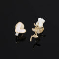 Vintage Mother Of Pearl Heart Rose Alloy Zircon Stud & Clip On No Piercing Women's Earrings