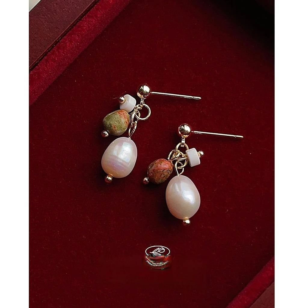 Geometric Freshwater Pearl Natural Stone Tassel Stud Earrings With Silver Plated