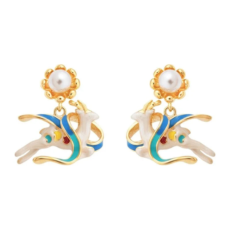 Dunhuang Style Hand Painted Enamel Copper Deer Drop Earrings With Pearl