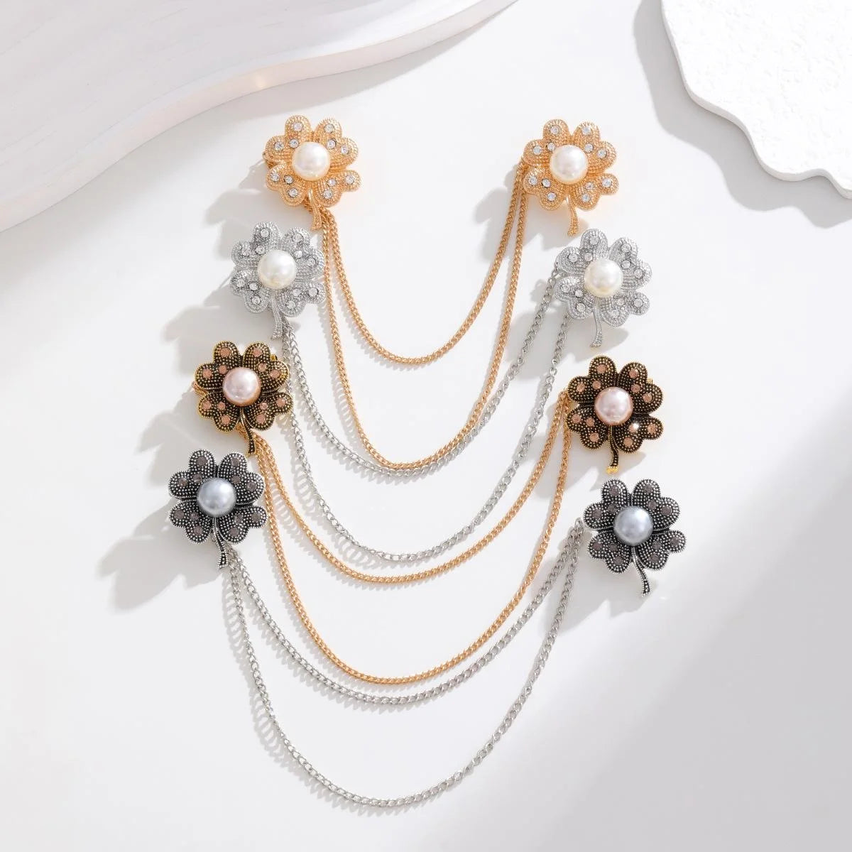 Elegant Pearl Flower Brooch With Rhinestone Chain Tassels, Vintage Alloy Lapel Pin Suit Accessory Gift