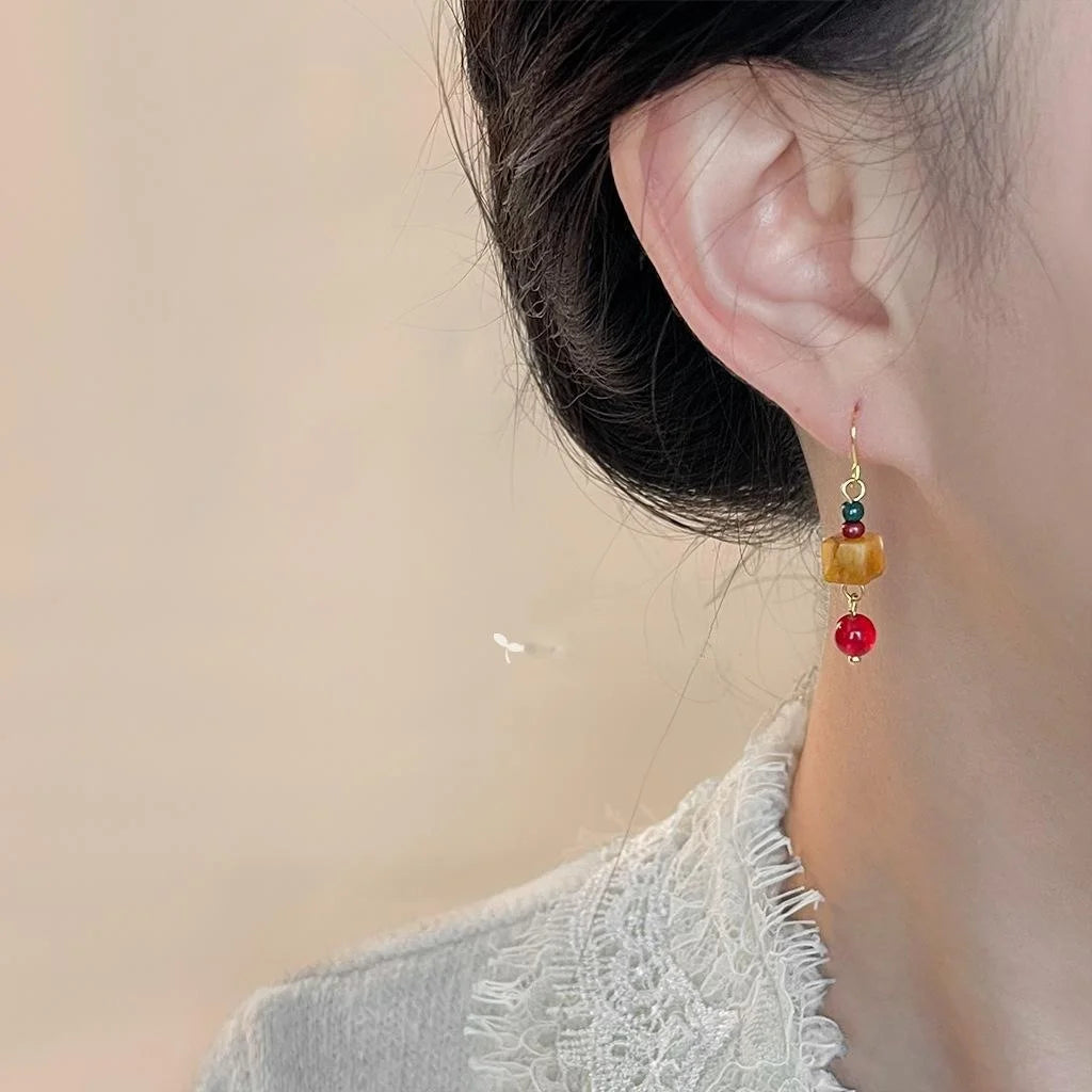 Handmade Natural Stone Tiger Eye Red Agate Geometric Vintage Ethnic Drop Earrings