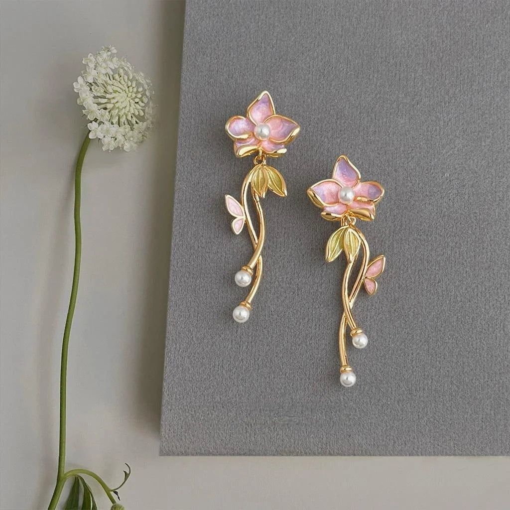 Hand Painted Sweet Floral Enamel Copper Drop Earrings With Pearl Tassels