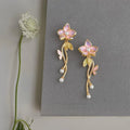 Hand Painted Sweet Floral Enamel Copper Drop Earrings With Pearl Tassels