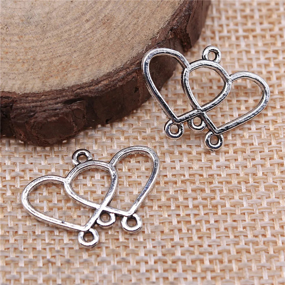 22x15mm 0.7g Antique Silver Zinc Alloy Double Heart Connector Charm for DIY Earring Jewelry Making