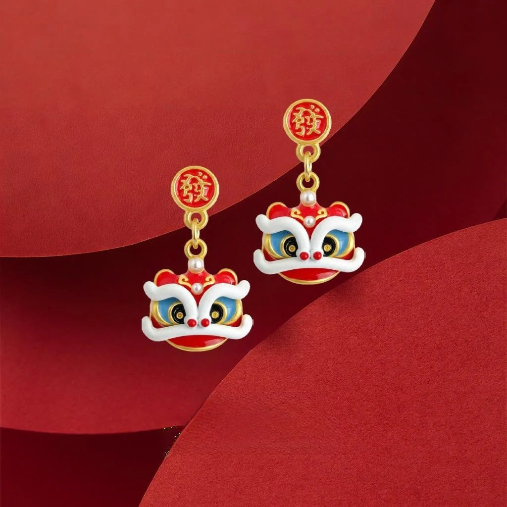 Hand Painted Copper Lion Dance Drop Earrings New Chinese Ethnic Year Of Horse Geometric Jewelry