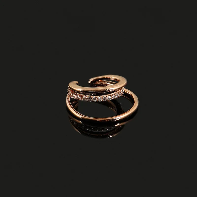 Elegant Champagne Gold Alloy Triple Hoop Rhinestone Ear Cuff Stud & Clip On No Piercing Earrings