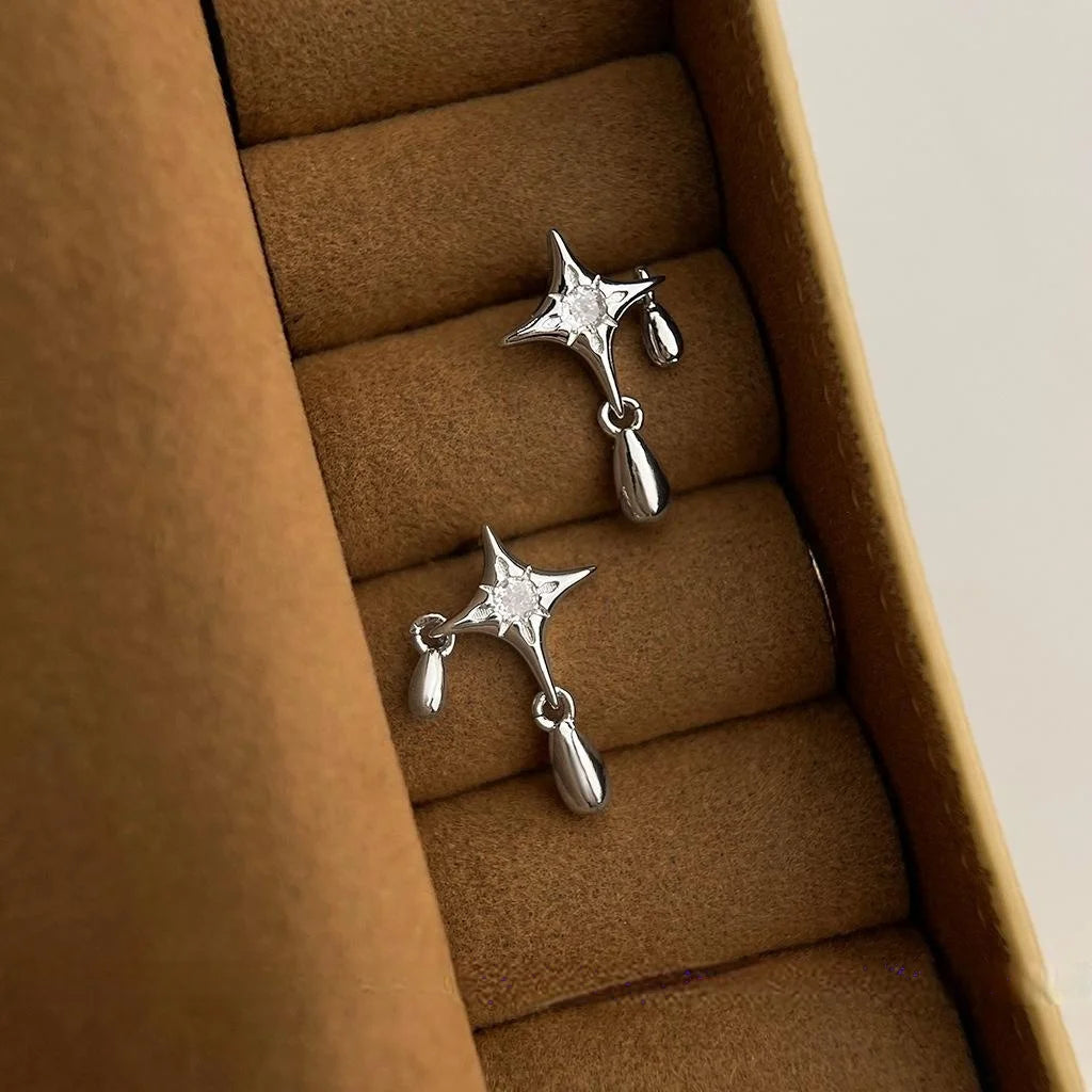Silver Tone Copper Star Teardrop Stud Earrings Niche Designer Geometric Minimalist Jewelry