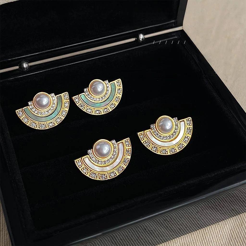 14K Plated Copper Real Shell Pearl Zircon Fan Geometric Stud Earrings For Women