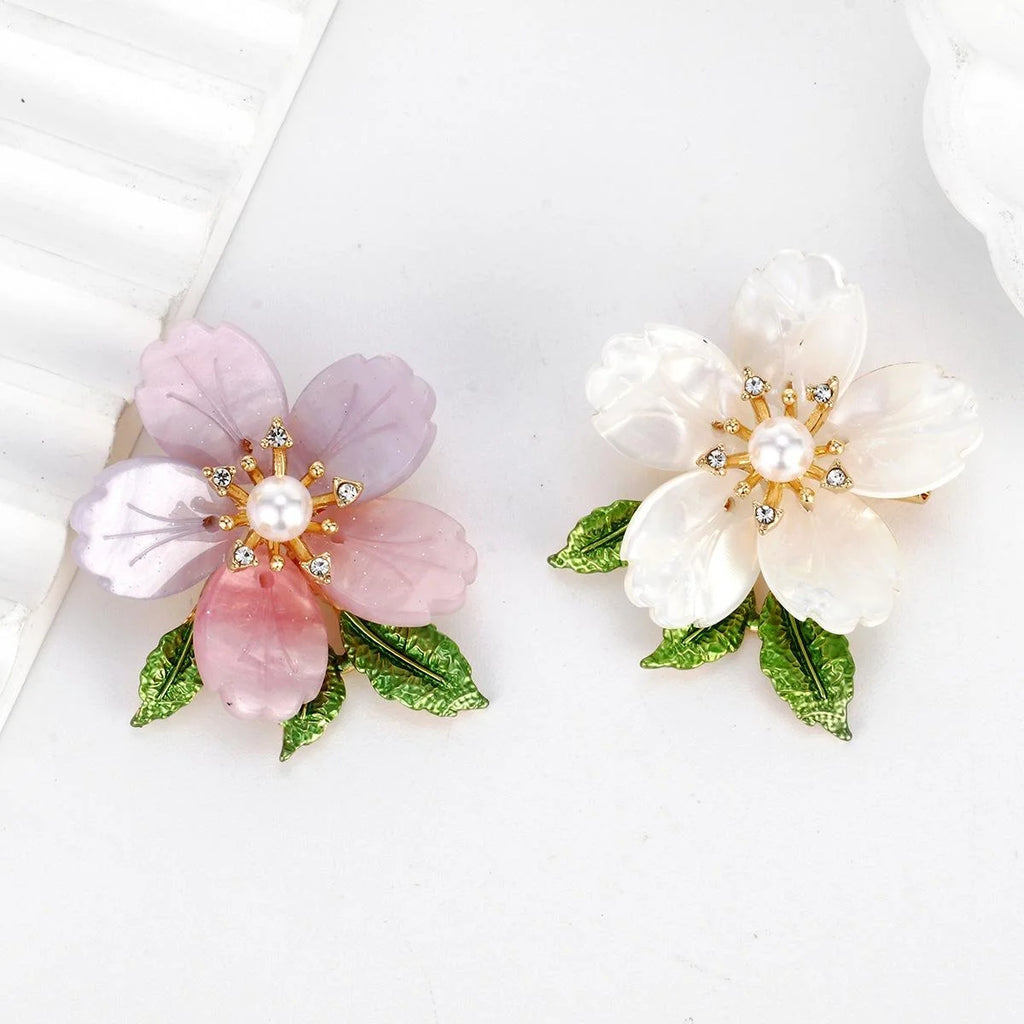 Elegant Pink Flower Brooch With Pearl Center, Rhinestone Zircon Accents And Enamel Leaves, Women's Lapel Pin Gift