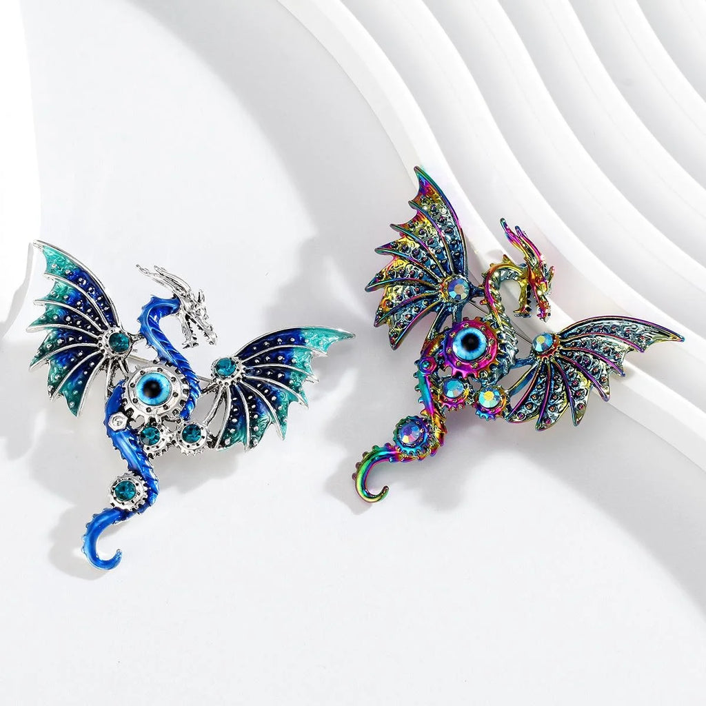 Vintage Fantasy Dragon Wing Brooch, Green Enamel Alloy Rhinestone Lapel Pin For Suit Accessory Gift