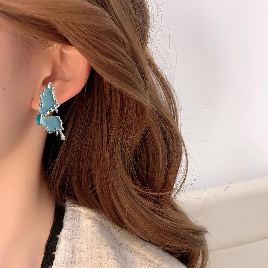 Asymmetric Blue Enamel Liquid Butterfly Copper Stud Earrings Sweet Cool Silver Plated Pin Jewelry