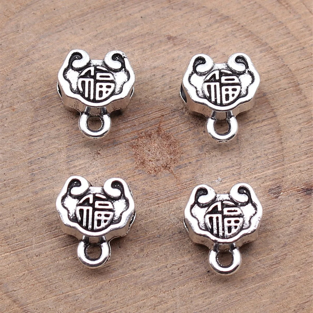 10.8x9.3x5.7mm 1.3g Antique Silver Zinc Alloy Double Sided Fu Character Lock Three Hole Connector Bead for DIY Jewelry