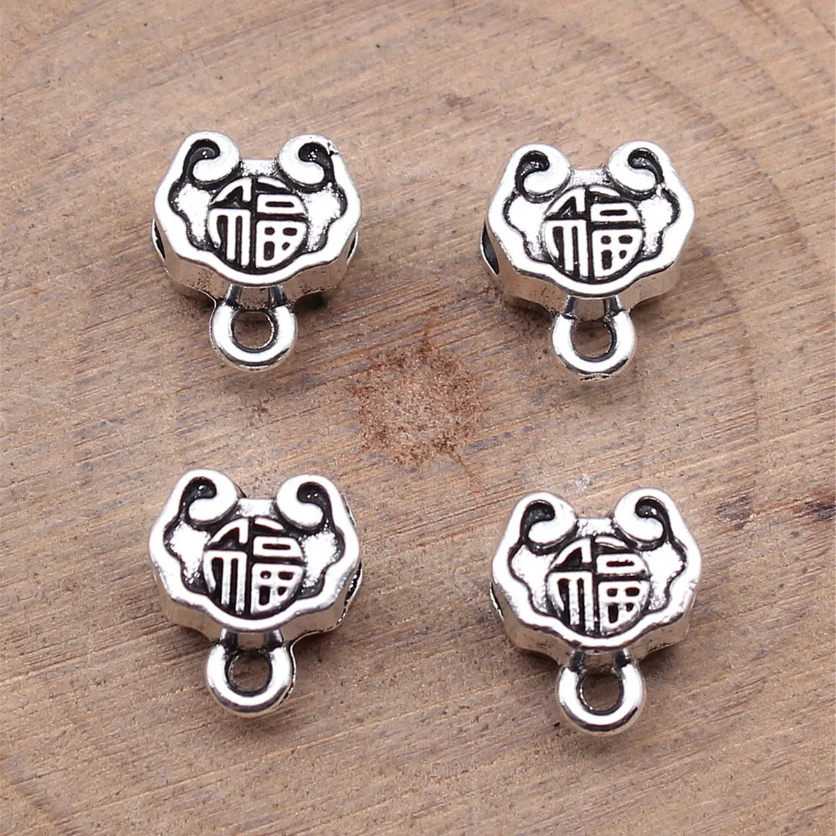 10.8x9.3x5.7mm 1.3g Antique Silver Zinc Alloy Double Sided Fu Character Lock Three Hole Connector Bead for DIY Jewelry