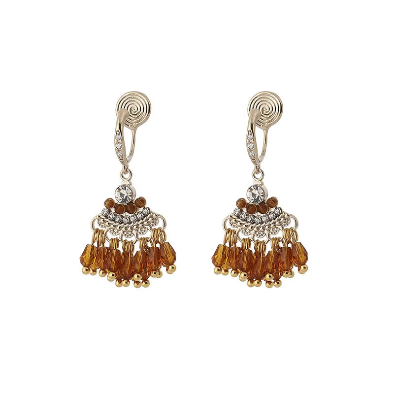 Vintage Fan Tassel Amber Crystal Rhinestone Alloy Stud & Clip On No Piercing Drop Earrings
