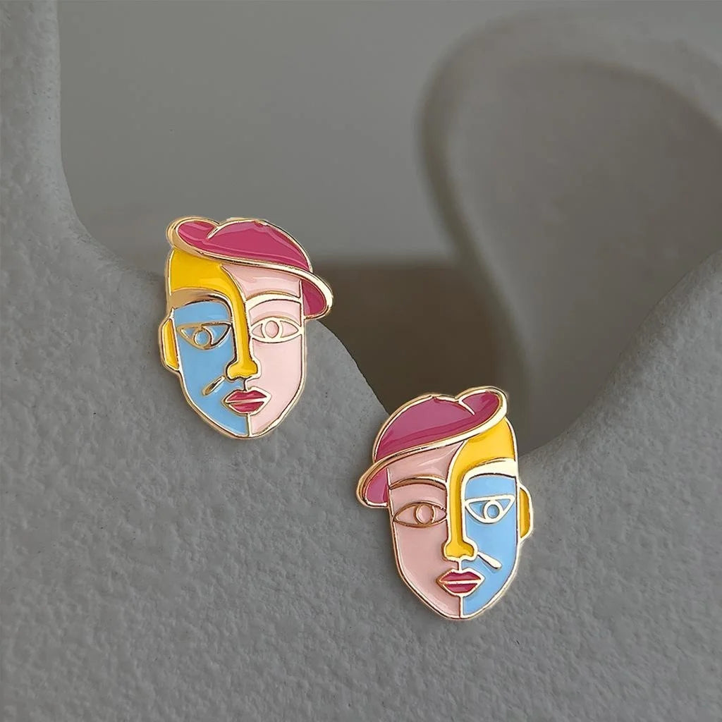 Hand Painted Cartoon Portrait Geometric Eco-Friendly Copper Stud Earrings Niche Designer