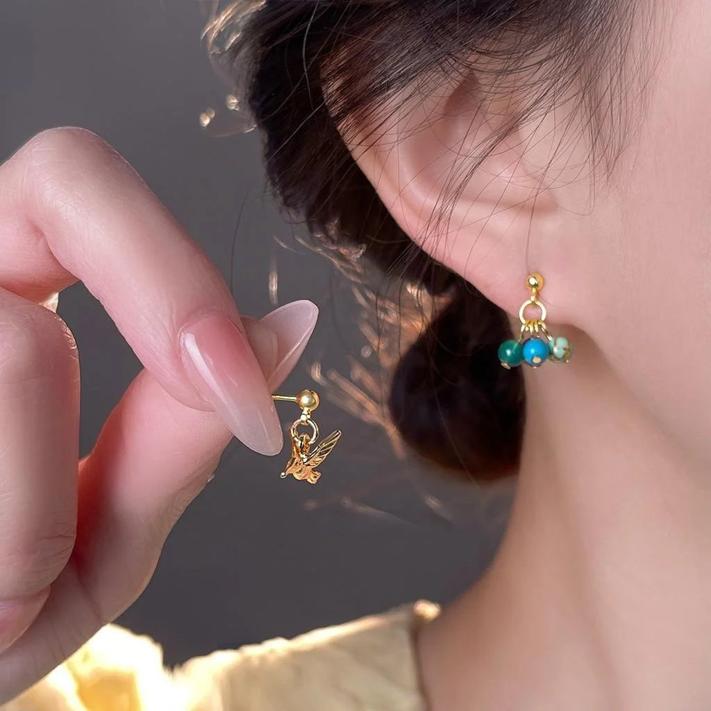 Handmade Designer Niche Asymmetric Natural Stone Bird Copper Drop Earrings For Women
