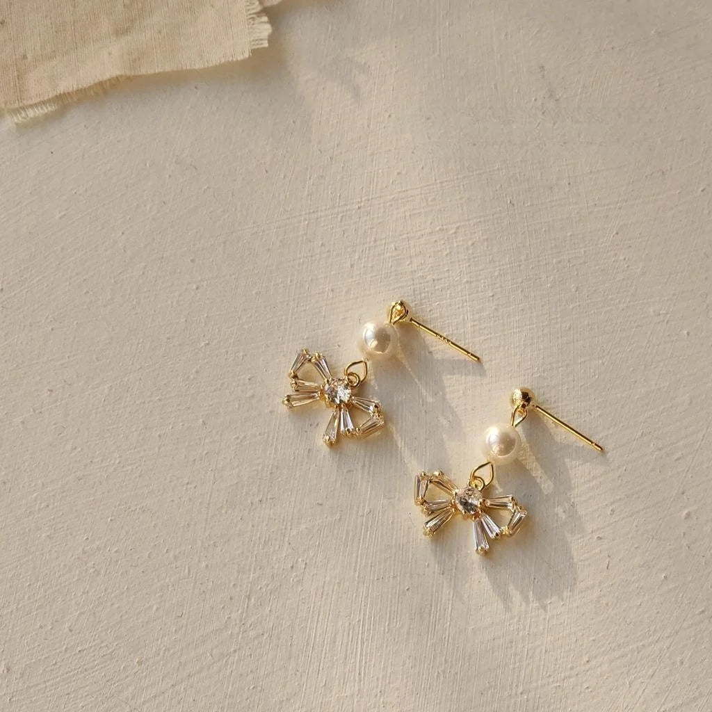 Korean Simple Zircon Bow Stud Earrings 14K Gold Plated Silver Handmade Jewelry
