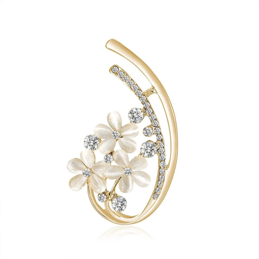 Elegant Cat Eye Stone Flower Alloy Rhinestone Brooch For Women, Luxury Lapel Pin Suit Accessory Gift