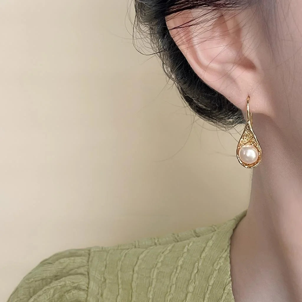 14K Gold Plated Copper Freshwater Pearl Teardrop Drop Earrings Elegant Minimalist Jewelry