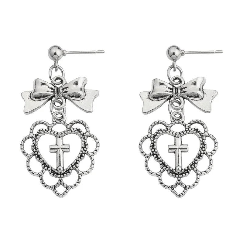 Sweet Cool Lolita Heart Bow Cross Drop Earrings, Antique Black Geometric Design