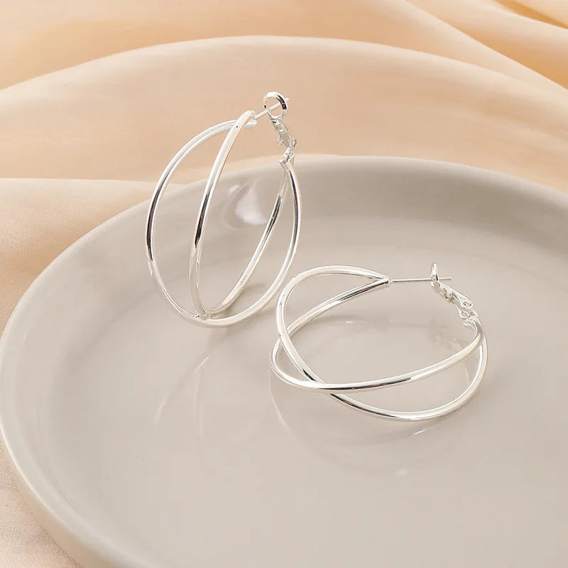Elegant Silver Alloy Crossed Double Hoop Stud & Clip On No Piercing Spiral Circle Ear Cuff Earrings