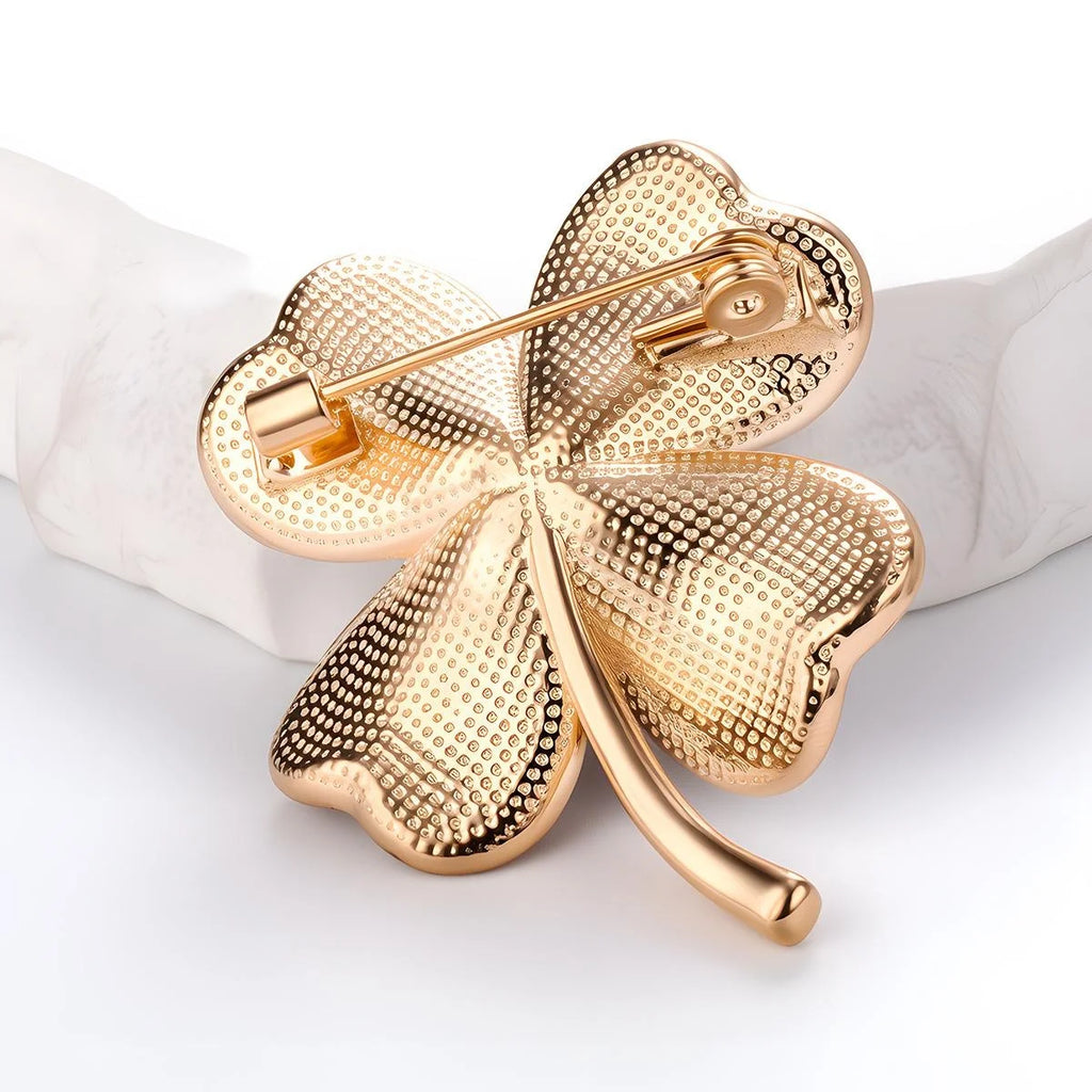 Luxury Green Rhinestone Four Leaf Clover Brooch, Gold Tone Alloy Lucky Lapel Pin Corsage Suit Accessory Gift