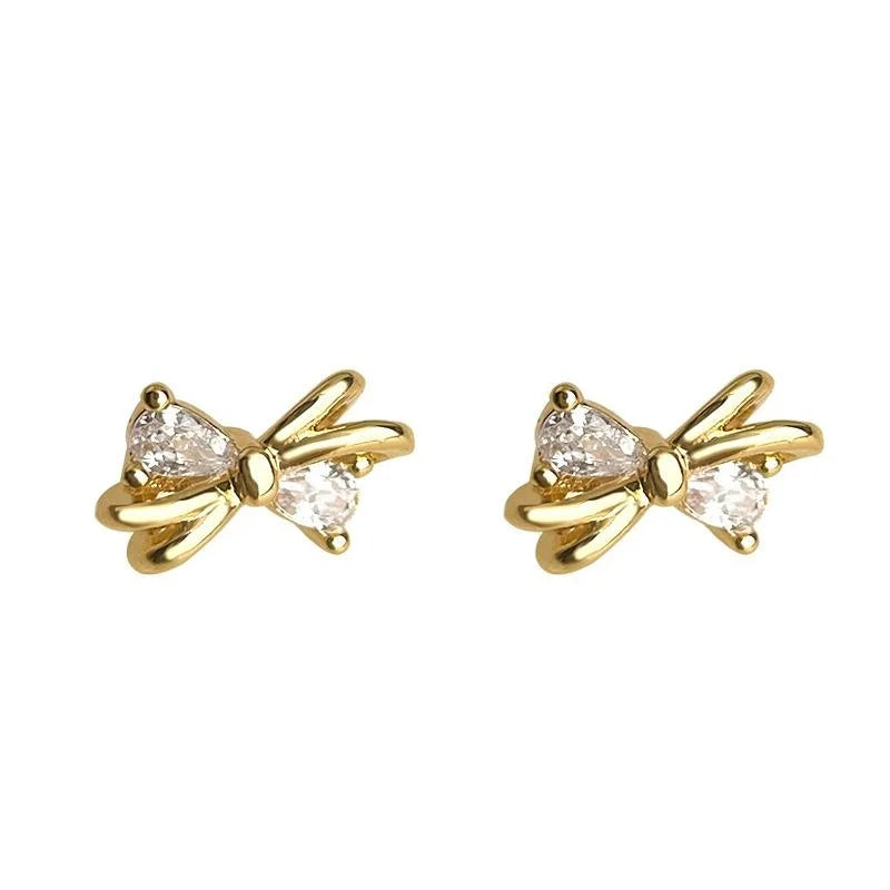 Mini 14K Gold Plated Copper Micro Pave Cubic Zirconia Bow Stud Earrings For Daily Wear