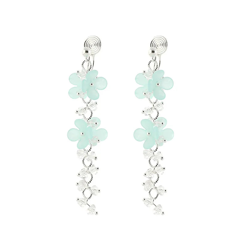 Elegant Blue Flower Crystal Vine Long Tassel Alloy Stud & Clip On No Piercing Sweet Earrings