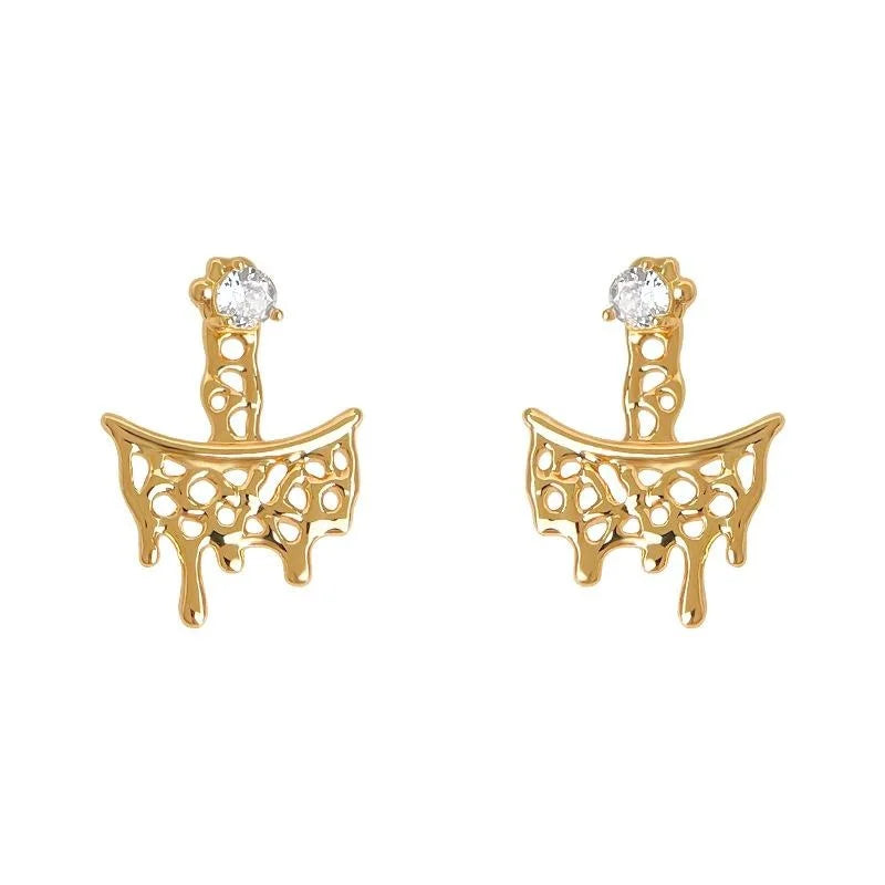 Light Luxury Geometric Mesh Liquid Melt Zircon Copper Drop Earrings With Silver Plated Posts