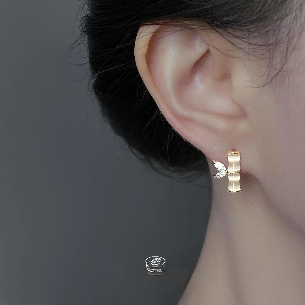 New Chinese Style Glass Cat Eye Stone Bamboo Leaf Stud Earrings Copper Micro Pave Zircon Luxury Jewelry