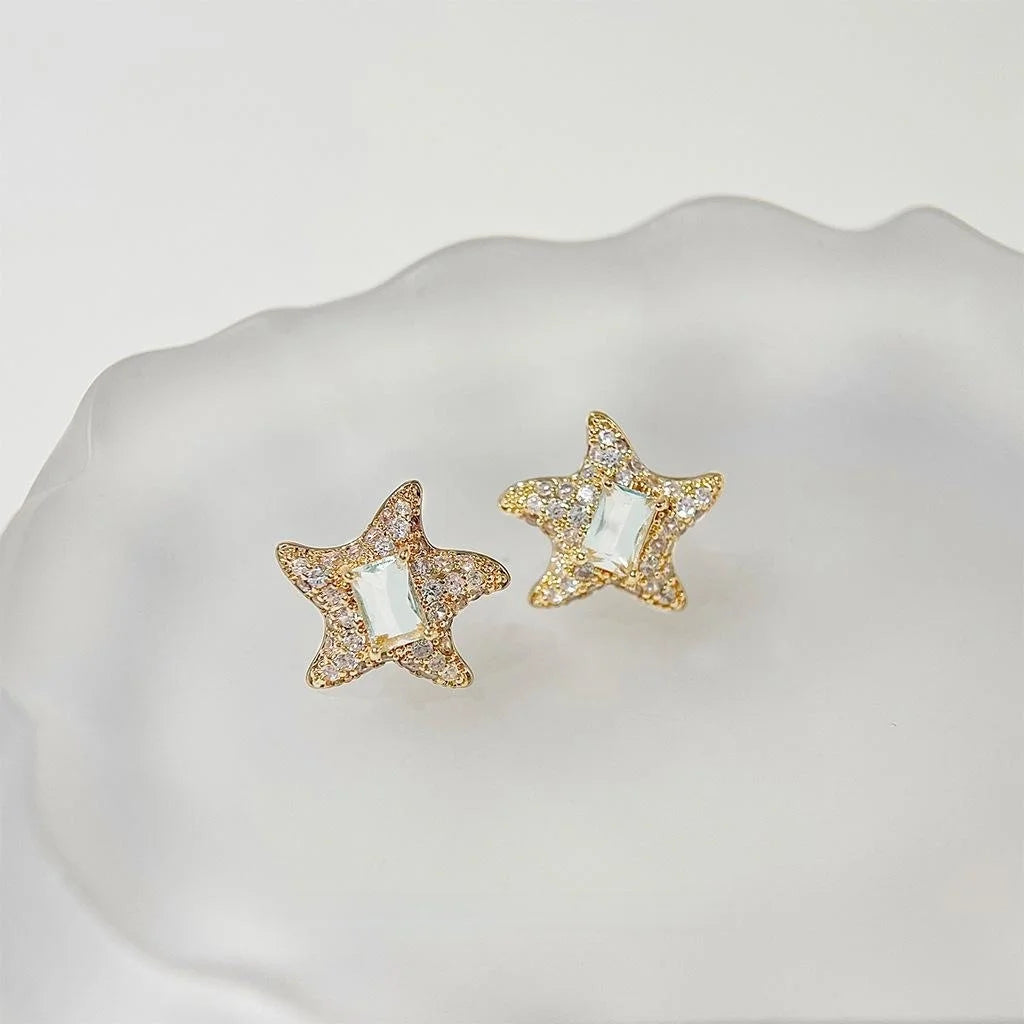 14K Gold Plated Copper Zircon Starfish Stud Earrings, Light Luxury Geometric Jewelry