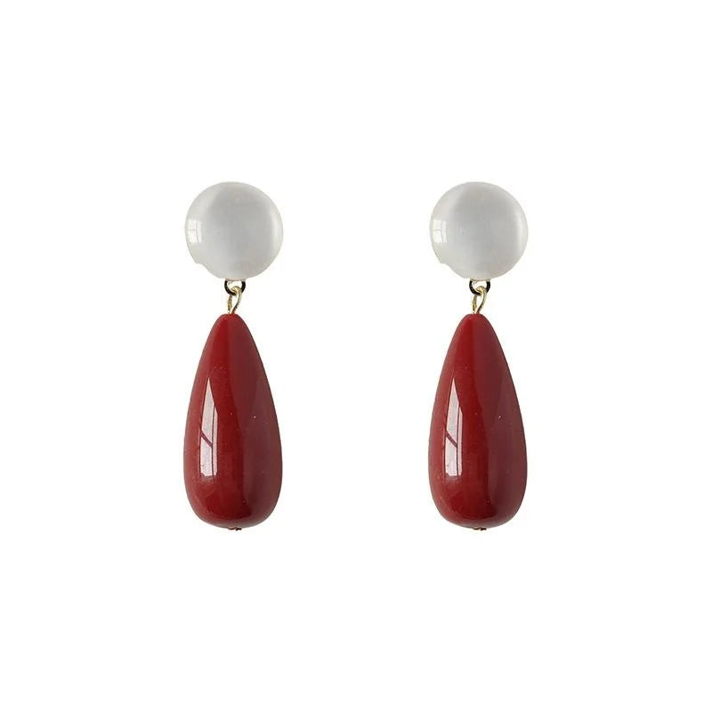 Vintage Hong Kong Style Burgundy Resin Water Drop Stud Earrings With Silver Plated Pins