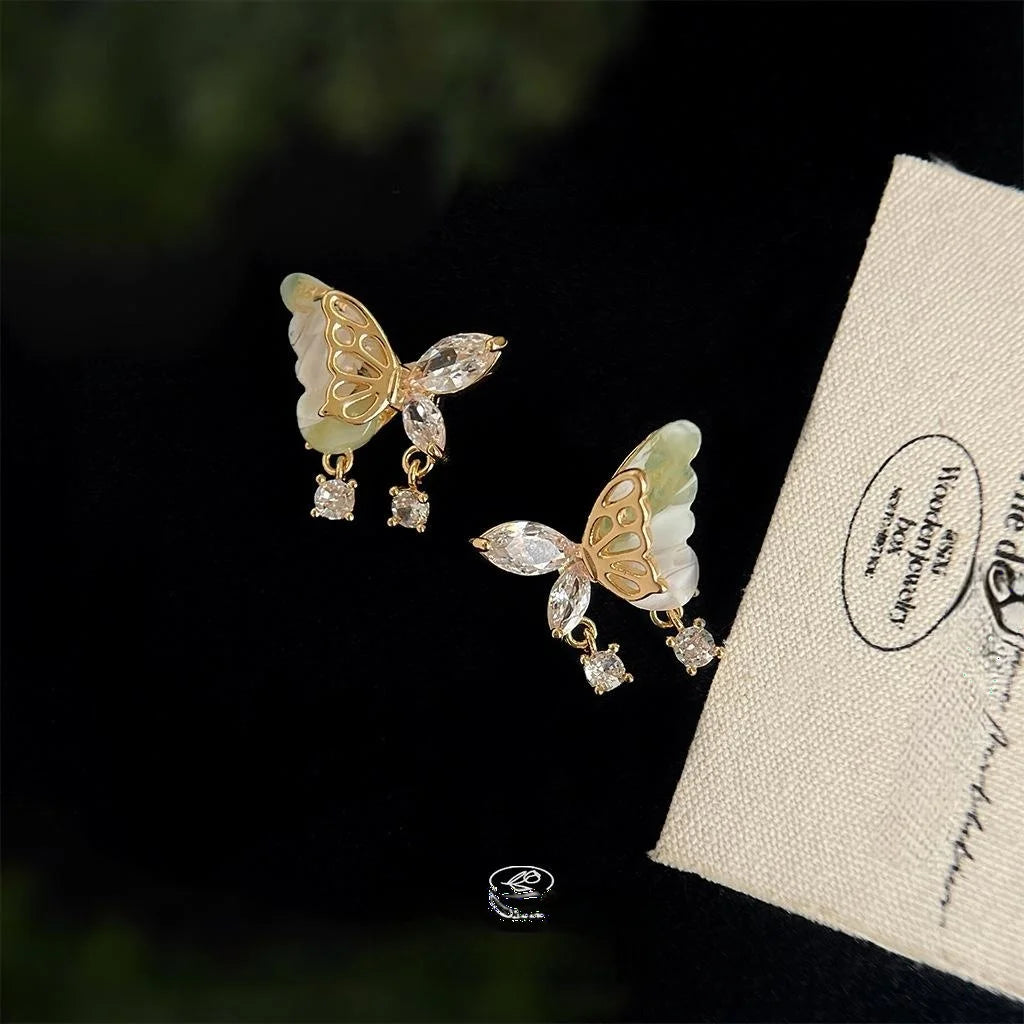 14K Plated Copper Resin Micro Pave Zircon 3D Butterfly Drop Earrings Sweet Elegant Style
