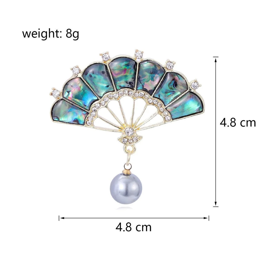 Elegant Fan Brooch With Mother Of Pearl Shell And Rhinestones, Pearl Drop Lapel Pin Corsage Gift