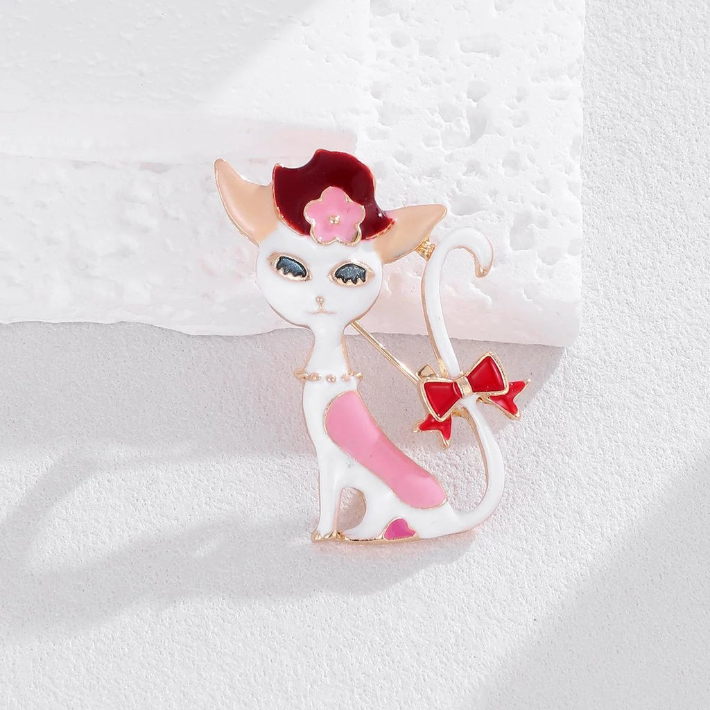 Cute Enamel Alloy Cat Brooch With Flower Hat And Bow, Cartoon Animal Lapel Pin Corsage Gift For Women