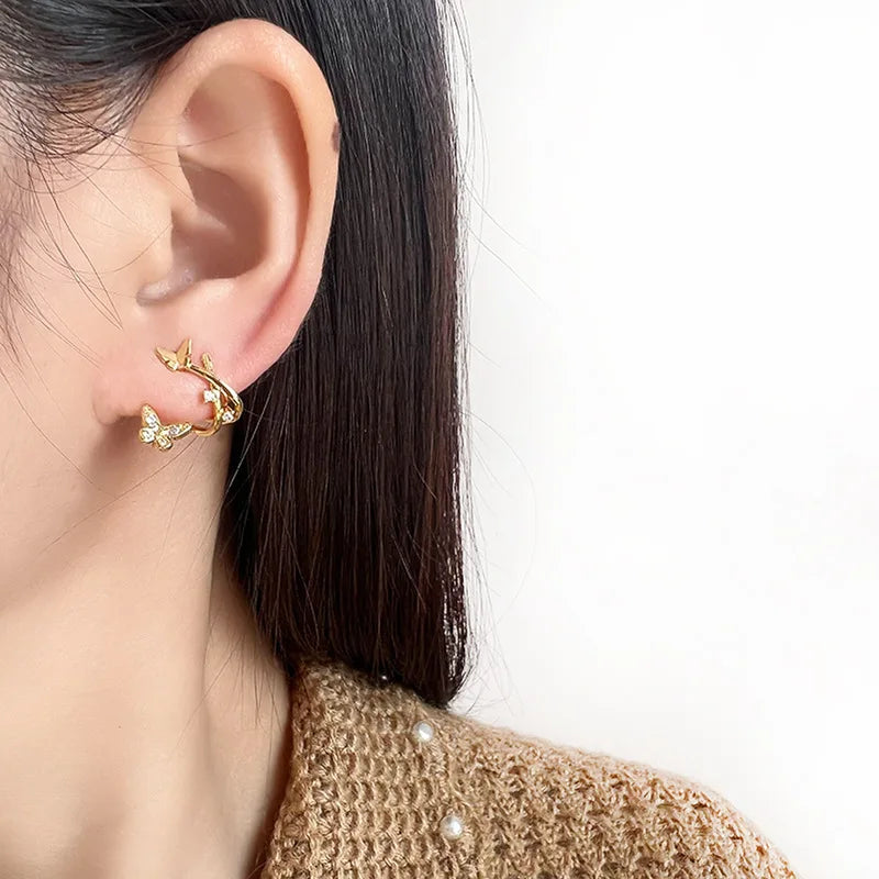 Elegant Double Butterfly Spiral Alloy Zircon Stud & Clip On No Piercing Luxury Women's Earrings