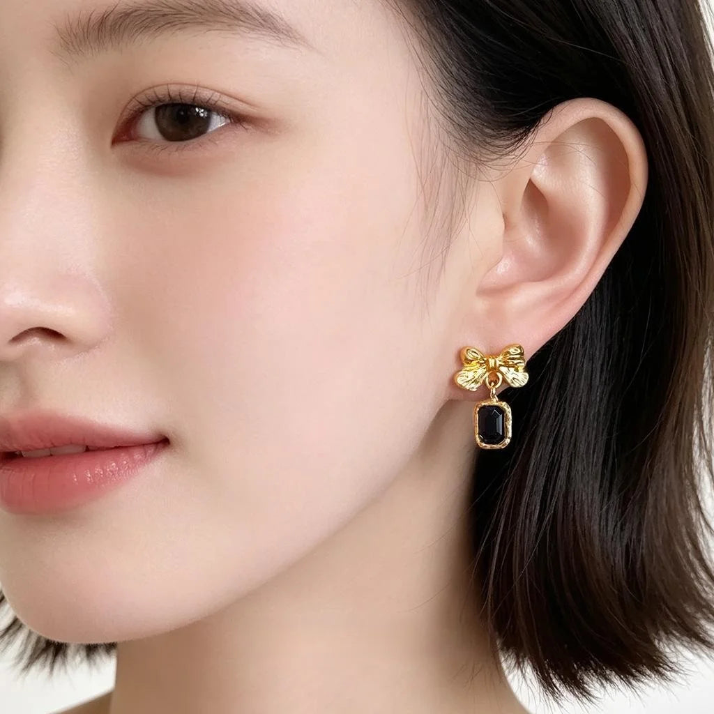 Sweet Cool 14K Plated Bow Glass Crystal Black Alloy Stud Earrings
