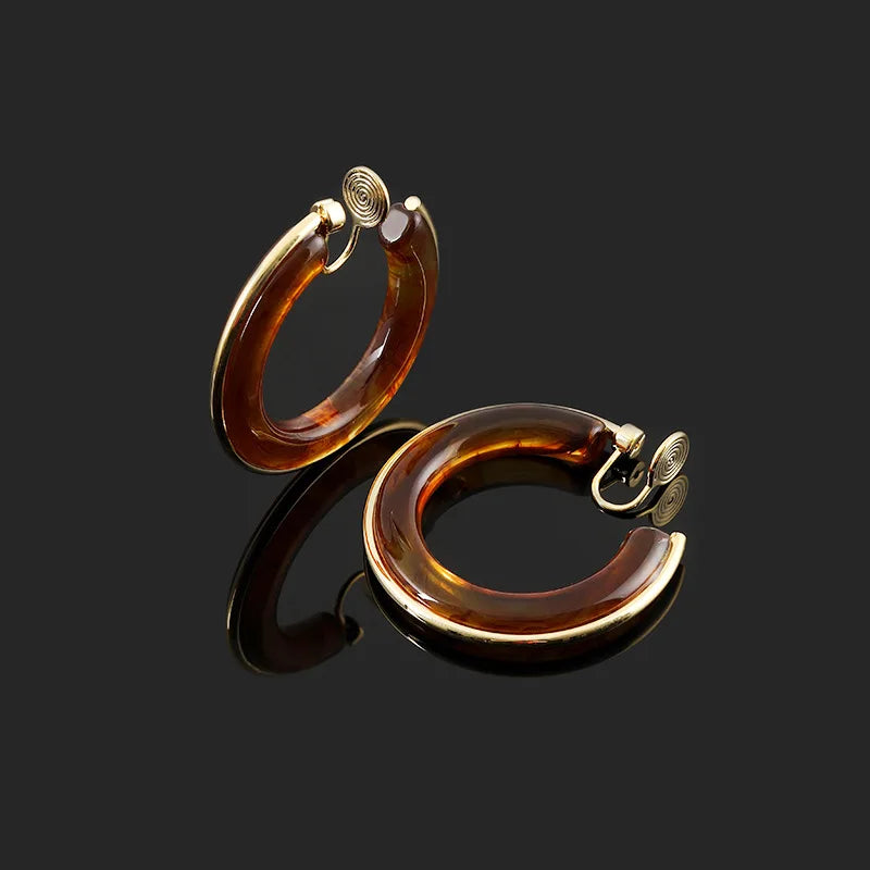 Vintage Tortoise Resin Round Hoop Alloy Stud & Clip On No Piercing C-Shaped Statement Earrings