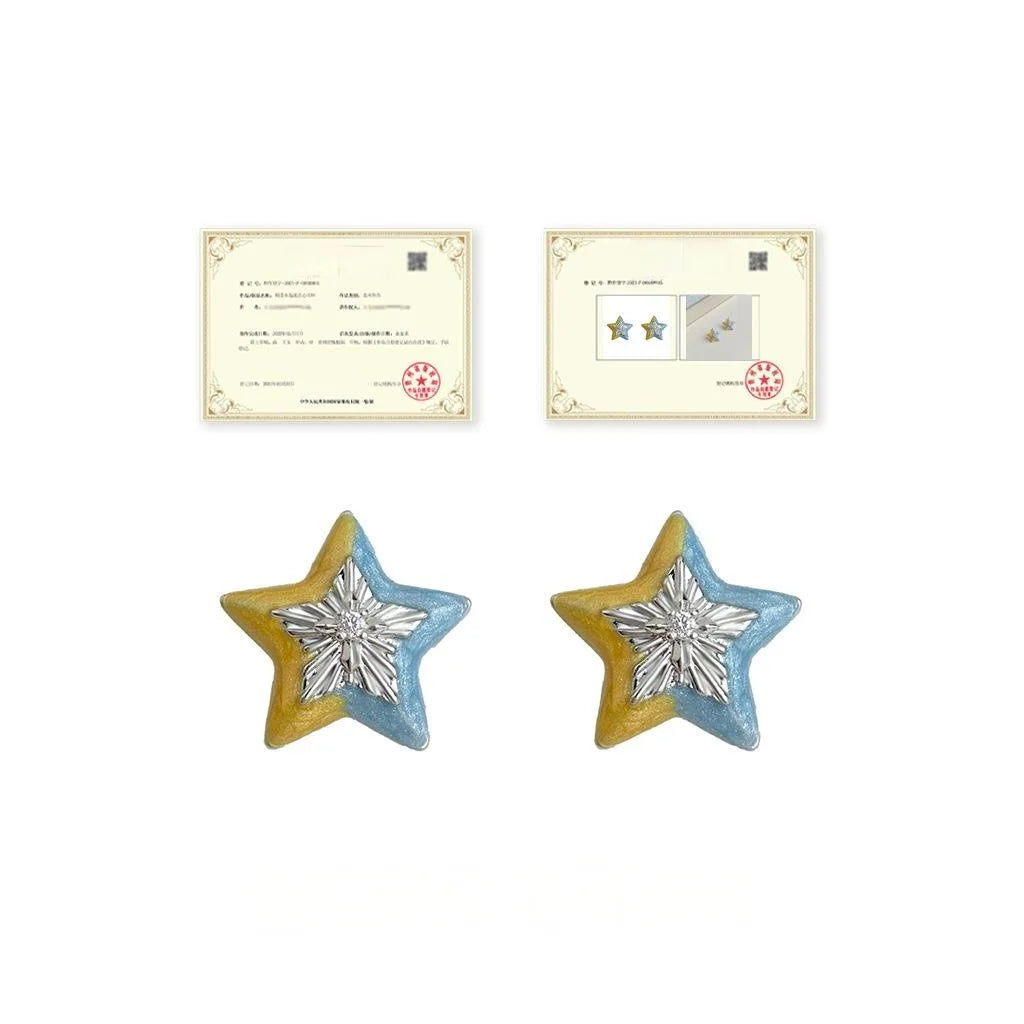 Hand Painted Star Stud Earrings Eco Friendly Copper With Silver Plated Pins Sweet Girl Style