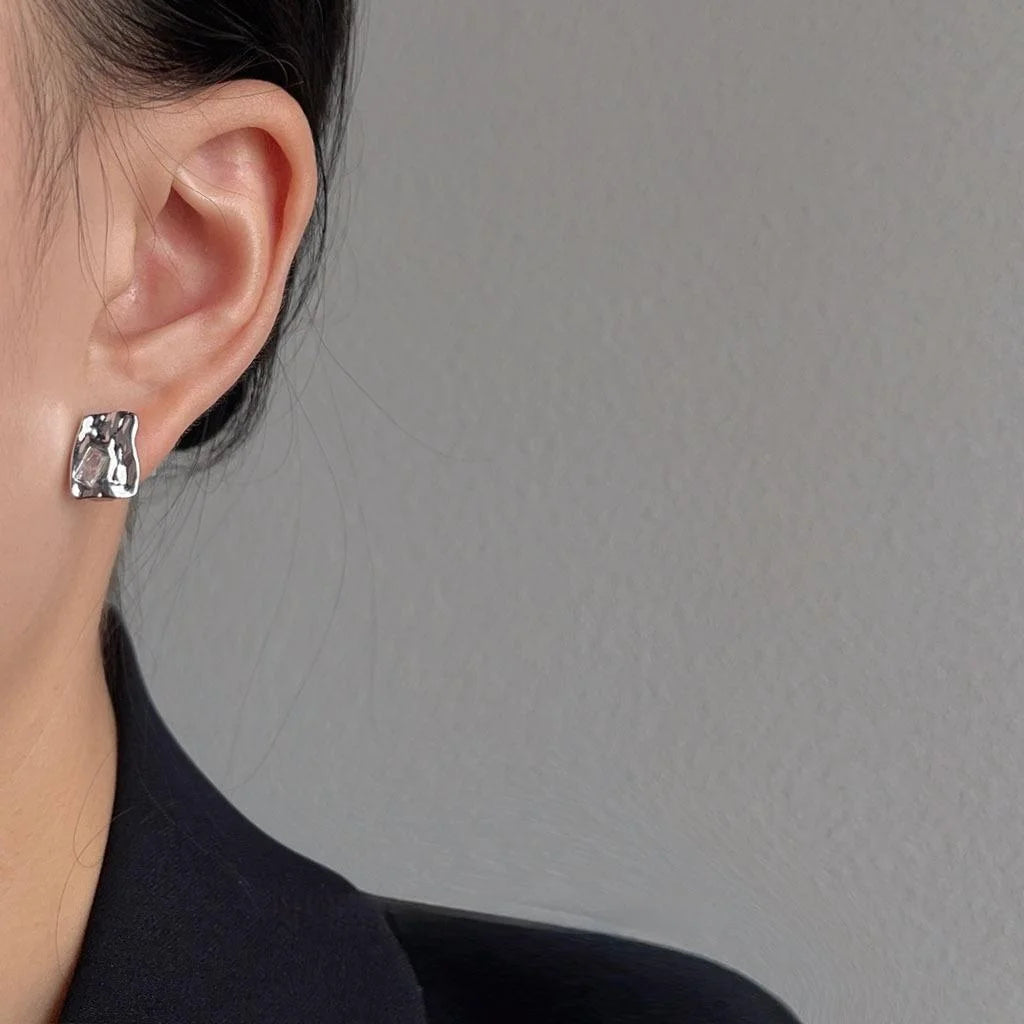 Sweet Cool Irregular Geometric Zircon Copper Stud Earrings With Silver Plated Pins