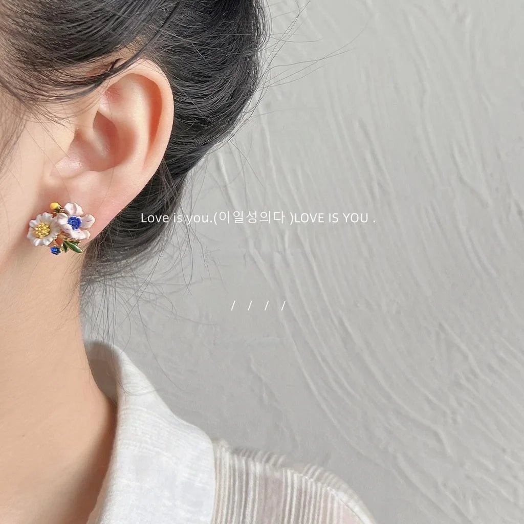 Vintage Enamel Glazed Flower Stud Earrings 14K Plated Copper Asymmetric Forest Style Jewelry