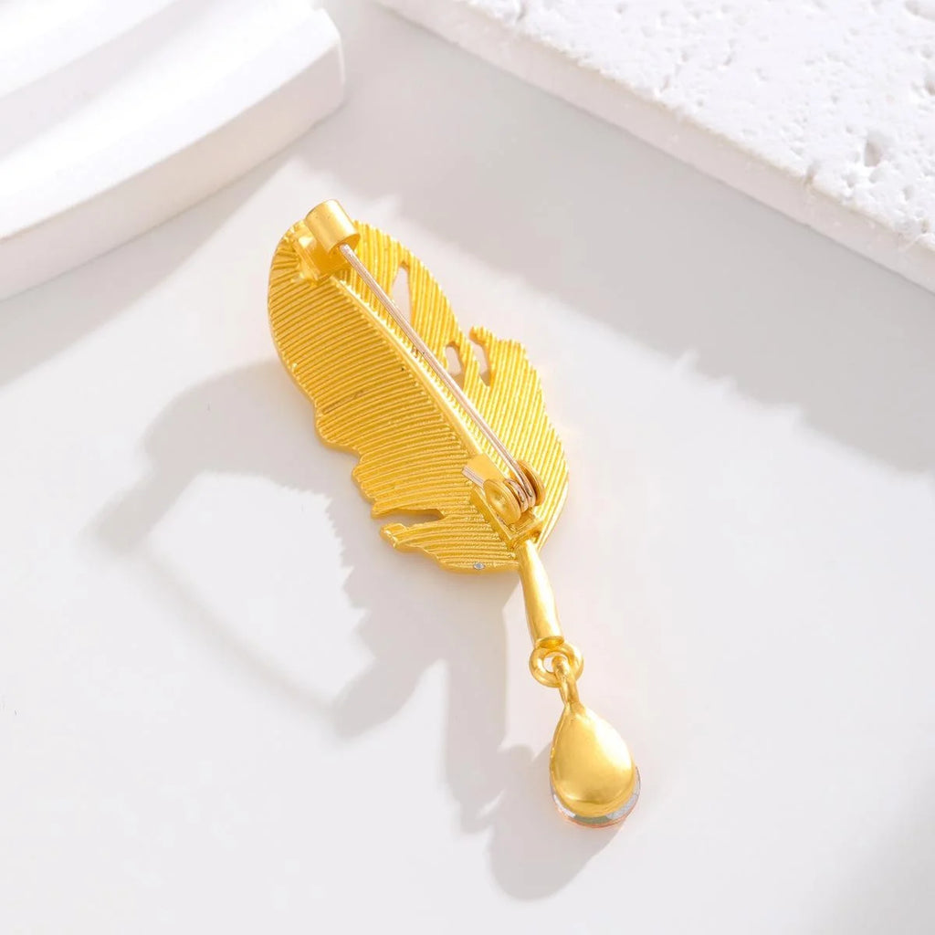 Elegant Gold Alloy Feather Leaf Brooch With Crystal Teardrop Pendant, Women's Lapel Pin Suit Accessory