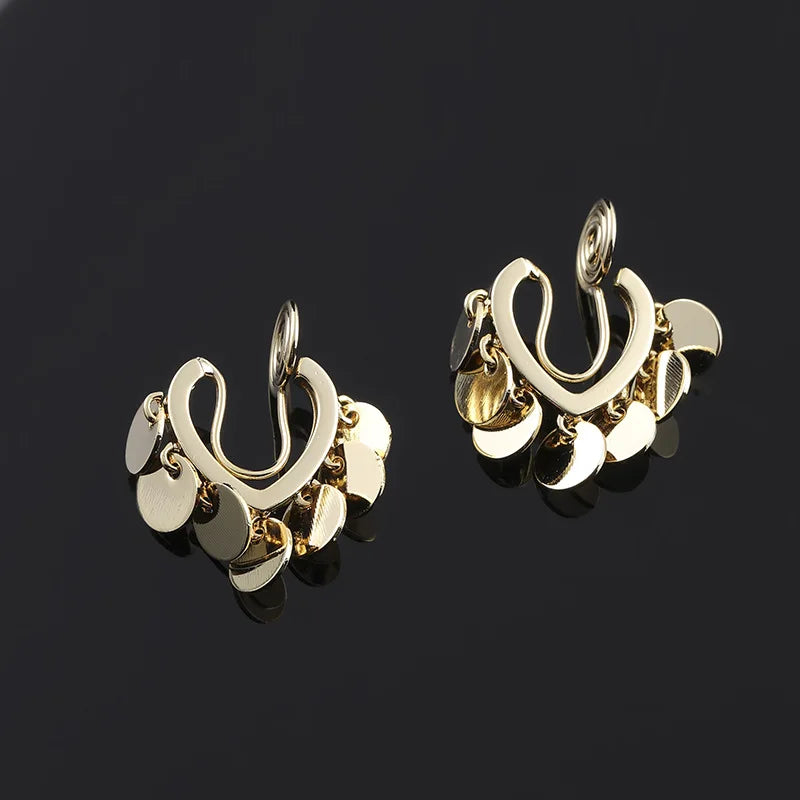 Elegant Luxury Gold Alloy Spiral Heart Disc Tassel Stud & Clip On No Piercing Drop Earrings