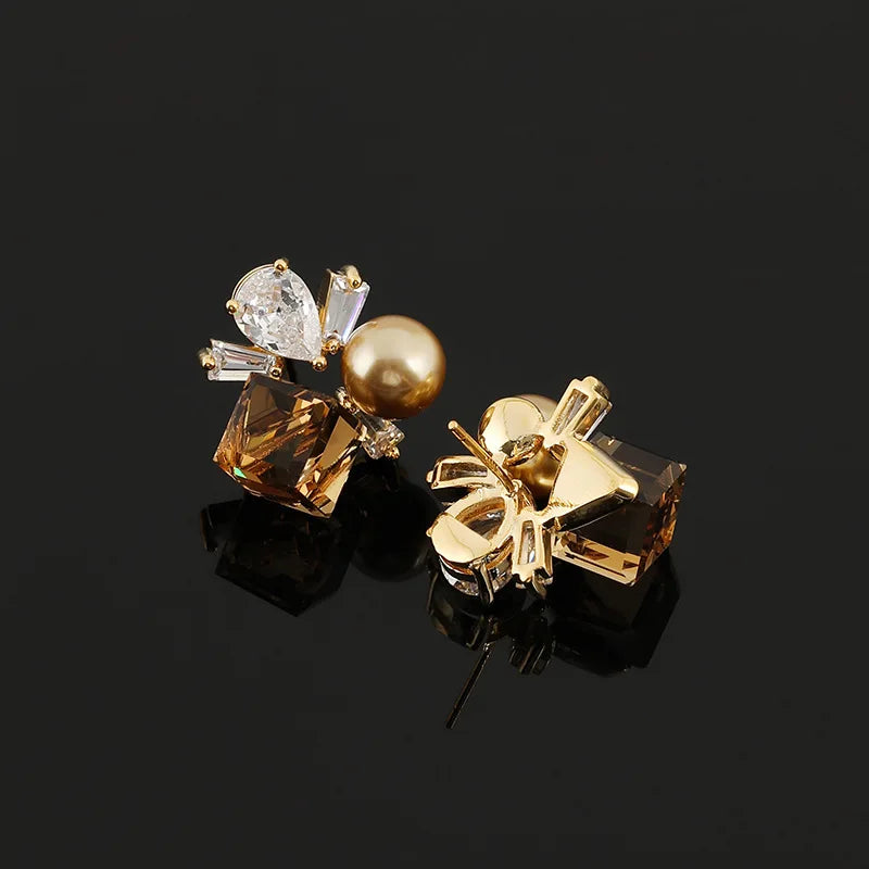 Elegant Brown Sugar Cube Crystal Pearl Rhinestone Geometric Stud & Clip On No Piercing Earrings