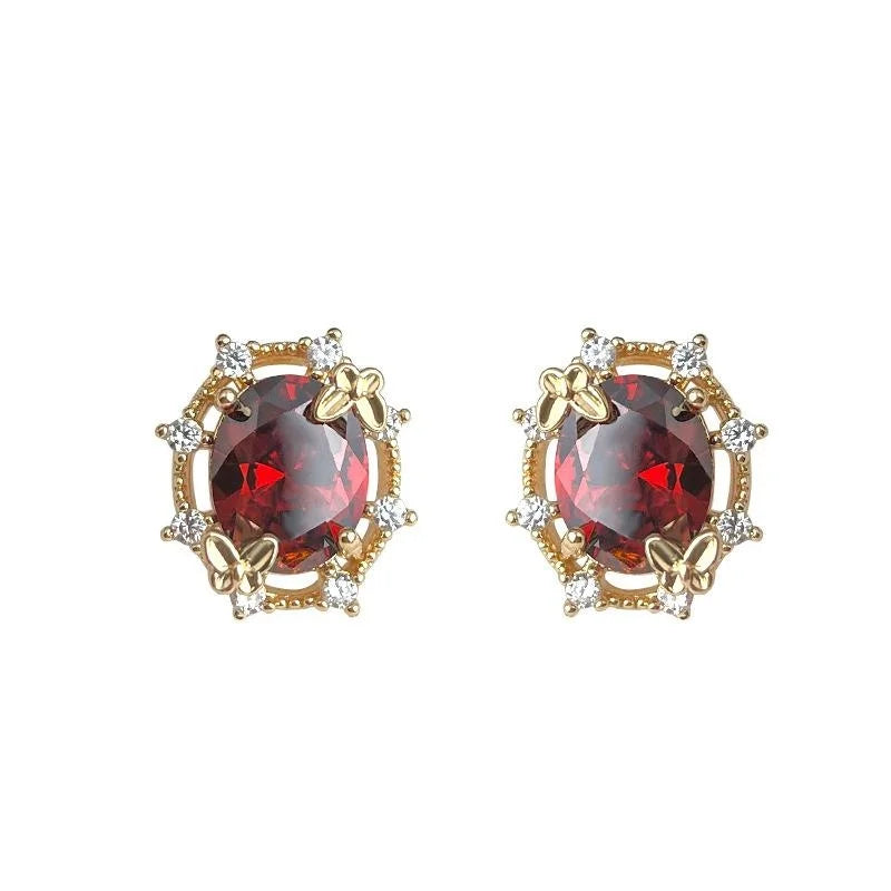 Vintage Burgundy Zircon 14K Plated Copper Oval 3D Butterfly Stud Earrings
