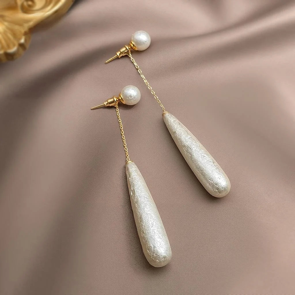 French Vintage Long Snowflake Pearl Teardrop Pendant Drop Earrings For Women