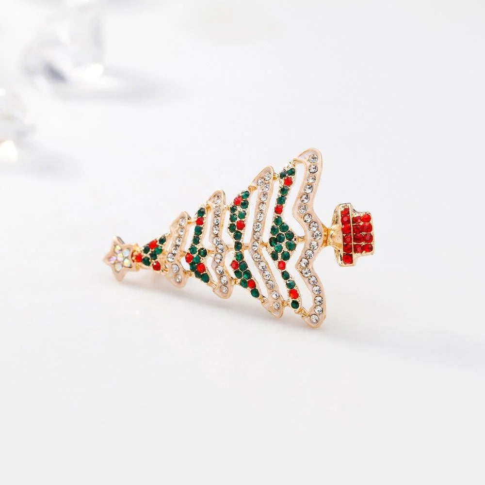 Cute Christmas Tree Alloy Rhinestone Brooch, Gold Tone Festive Lapel Pin Corsage Suit Accessory Gift