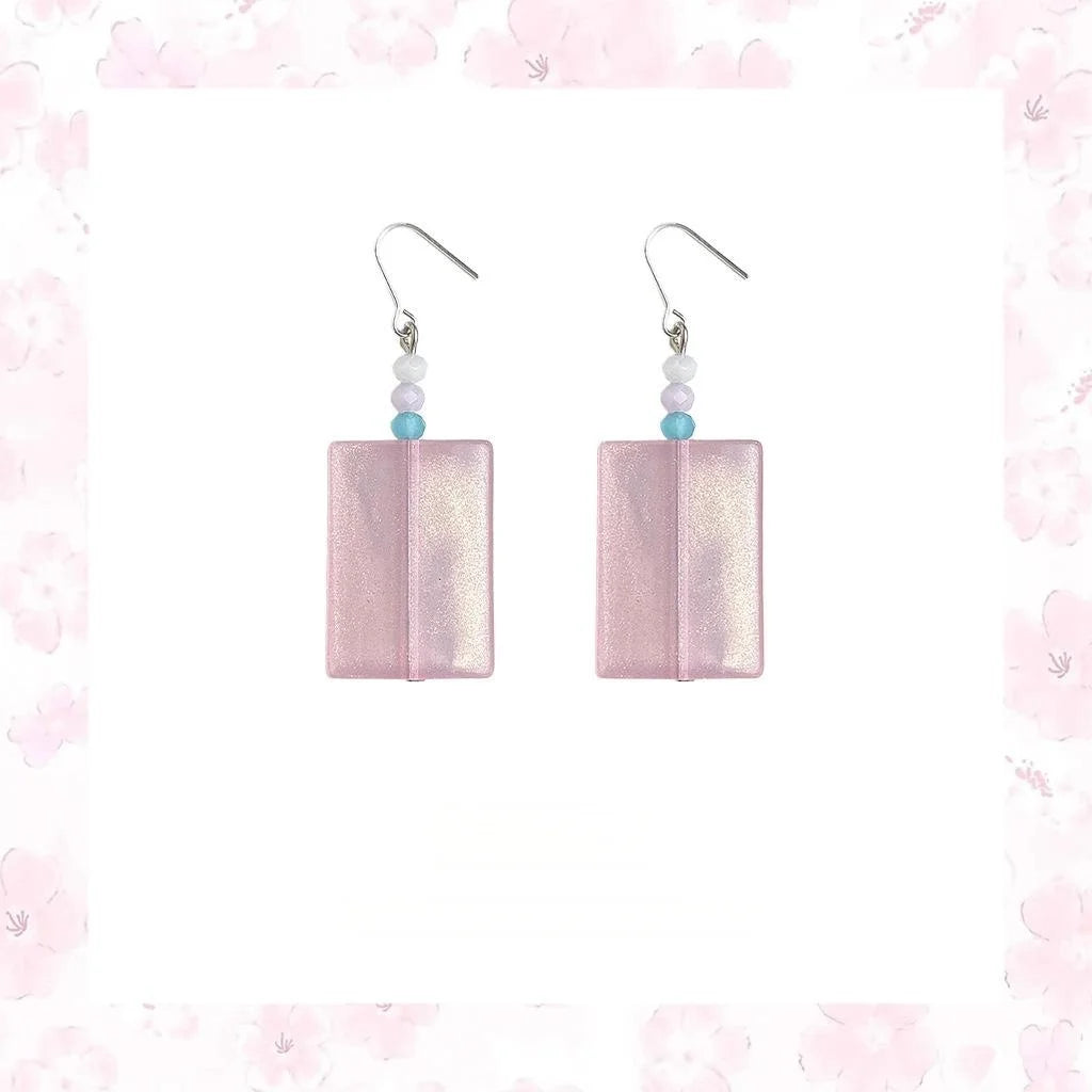 Fresh Sweet Pink Glass Crystal Geometric Rectangle Drop Earrings Vacation Style Handmade Jewelry