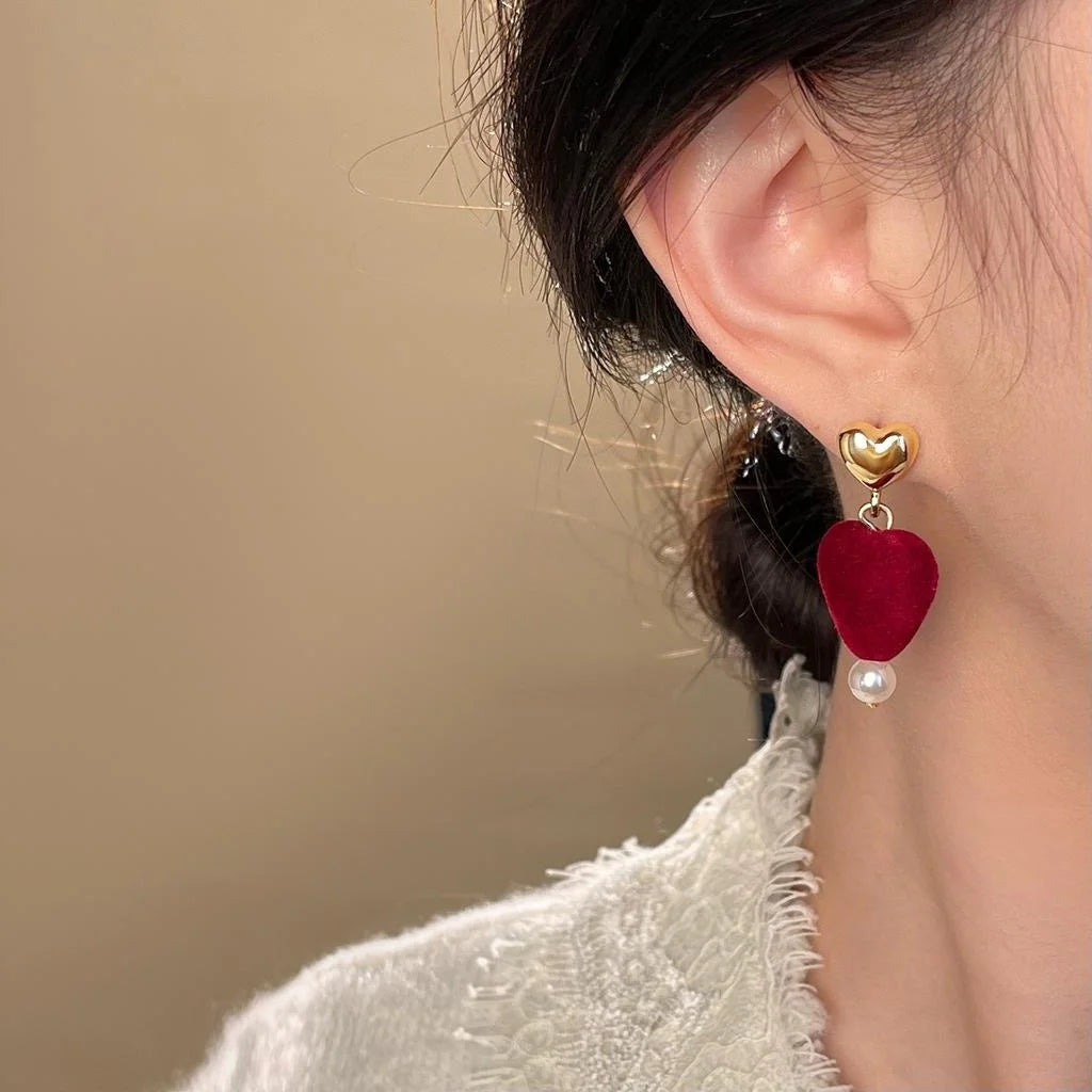 Burgundy Flocked Heart Asymmetric 14K Gold Plated Copper Drop Earrings